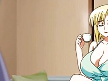 Horny man squeezes busty anime babe's tits while fucking her