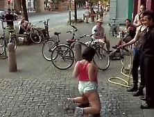 Busty girl fucked and fingered in public