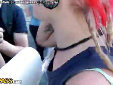 Sexy Blonde Babe Stuffs Boner In Lips And Vag In Public