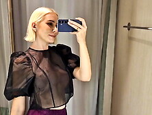Try on haul transparent and latex clothes in the dressing room. Public fetish