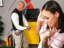 Busty brunette model Angelina Valentine moans hard as she gets fucked from behind.