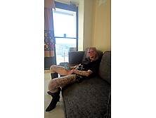 Trans floozy cums on her own face