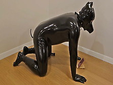 Rubber Puppy Cums Hands Free In Chastity