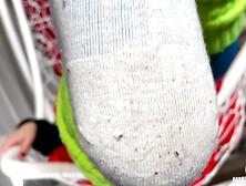 Goddess Feet Tease In Hanging Chair In White Dirty Socks And Blue Tights