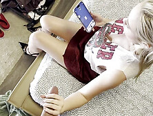 Busty hot blonde Jessie Ames gives a teasing handjob while fully dressed,  not going for the finish