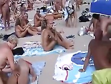A few shameless couples bang on a nude beach in clip