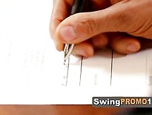 Swinger party with interracial couples ends at the red room in a big orgy after alcohol shots.