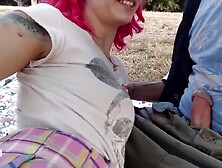 Hawt pink hair teen with booty plug in public park,  flashing,  riding bicycle and sucking cock PREVIEW