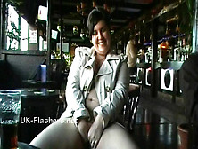 Amateur bbw Kinx upskirt (fake) masturbation in a bar and outdoor public nudity of toying fat babe