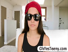 Busty teen Annika tastes a big hard cock and swallows cumshots (18+)