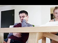 Mom blows step daughters bf while studying