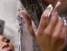 Fit ebony babe Sarai Minx rides big dick doggystyle after BJ