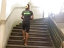 Striptease And Jerkoff On The Stairs