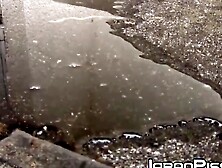 Japanese squirters get caught mid stream and flee with wet stilettos