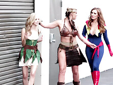 Hot girls in costumes have a threesome!