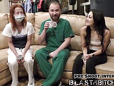 Blaire Celeste gives double blowjobs before getting coated in jism from a nurse's perspective