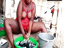 Afro Sweetheart Doing Laundry In A Crotchless Red Underware