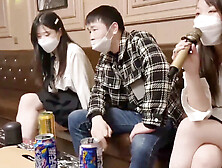 Tiny Asian teen trio enjoying manhood in wild threeway with double blowjob cum exchange in restroom