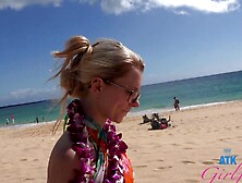 Sweet blonde girl Riley Star takes off her summer dress in the room