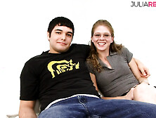 Shy cutie sucks a BBC then gets banged hard as boyfriend watches jealously