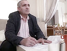 Tricky Old Teacher - Hottie passes a sex test on the couch