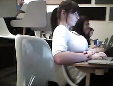 Brunette girl has awesome huge boobs on candid video