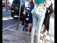 Fat ass white girl in tight jeans at the public bus station