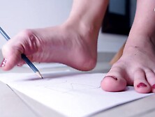 Teen Foot Model Writing And Drawing With Her Bare Feet (Big Feet,  Foot Teasing,  Teen Feet,  Soles)