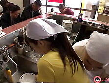 Oriental waitress Mimi Asuka gets finger hammered in the restaurant