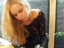 BLONDE IN SHEER BLACK PANTYHOSE