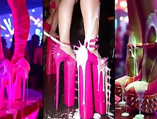 Dancing babes get a lot of cream on their legs,  feet,  shoes and high-heels