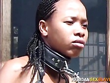 Hardcore ebony thrall leashed like a pet and spanked hard