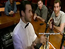 Delicate blonde strapped to bed in cuffs and ropes pushed around