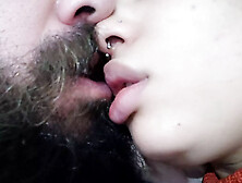 CLOSE UP slutty tongue of the lady dancing in a attractive and kinky kiss