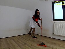 Nympho Maid Masturbates with Broom & Mop Whilst Cleaning an Abandoned Abode