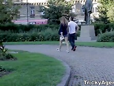 Nerdy golden-haired honey with glasses,  Violette Pure is groaning whilst having sex with a ally