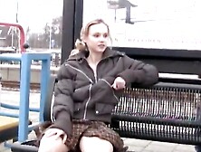 Bold teen exhbitionist flashes her tits and pussy on the train