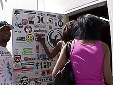 Two ebony sluts share a big black dick in a threesome