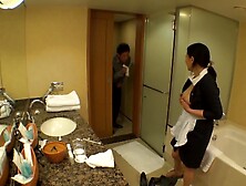 Japanese maid with juicy tits out masturbates pussy in bathroom