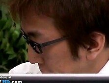 Japanese wonderful secretary in stockings provokes shy guy