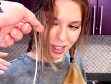 The flatmate-chick doesn't mind periodic fucking in the kitchen and get spunk in her mouth and pigtails