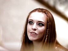 Madi Collins and Kenna James on a brown patterned chair in several lesbian scenes