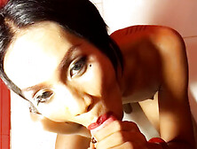 Wet Asian shemale bitch gave a blowing cock