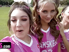 Soccer Girls Freya von Doom,  Macy Meadows & Violet Gems Take Turns Riding Their Trainers Dick - POV foursome with young sluts