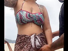 I WAS NAKED ON THE BEACH IN FRONT OF THE LOVER,  HE GOT A HARD COCK,  AND I GAVE HIS SCHLONG A LITTLE GRIP