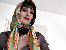 Elegant Mature Lady Victoria Valente Flaunts Silk Headscarf Fashion In A Stylish Silk Blouse