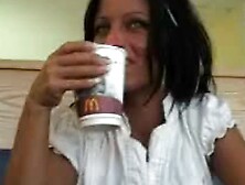 Hot woman exhib boobs and touch her in MacDo...