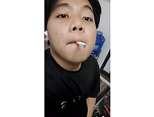 Vietnamese Guy Jerking Off And Smoking At The Sink