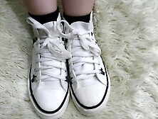 jerking off meat lover with feet shod in sneakers. SELF PERSPECTIVE