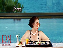 Regina Noir.  Breasts Teasing At Swimming Pool.  Nudist Hotel.  Nudism Outdoors.